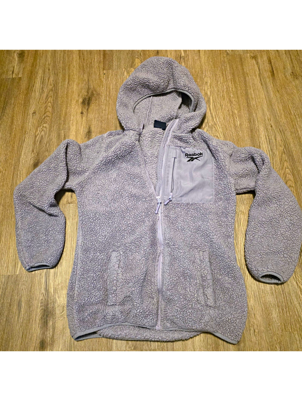 Reebok Womens M Faux Fur Sherpa Fleece Hooded Jacket Gray Full Zip Pocket